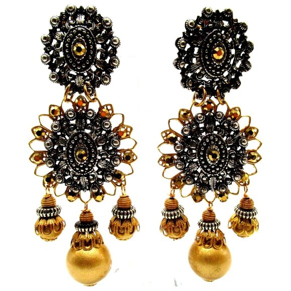 LAWRENCE VRBA 4.5" Two Toned Filigree Dangling Bead Clip Earrings - Picture 1 of 5